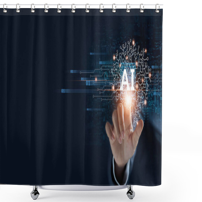 Personality  Machine Learning With Data Technology, Businessman Touching The Brain Of Artificial Intelligence (AI) And Coding On Interface, IoT Internet Of Things, Innovative Of Futuristic Business. Shower Curtains