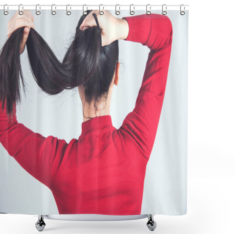 Personality  Woman Hand Hair Tail On Gray Background Shower Curtains