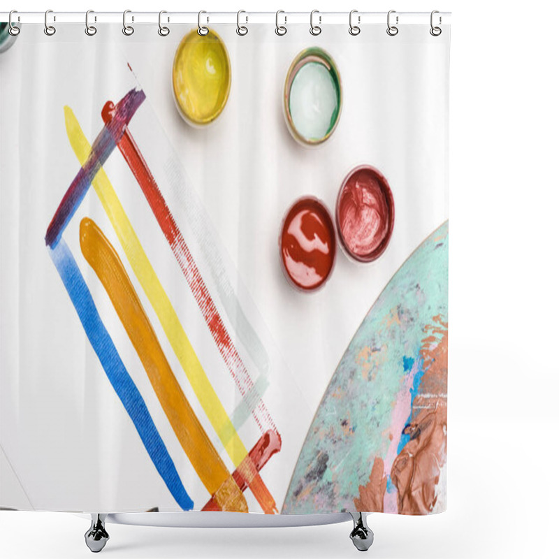 Personality  Top View Of Palette With Gouache Paints And Paintbrush Near Paper With Brushstrokes On White Background Shower Curtains