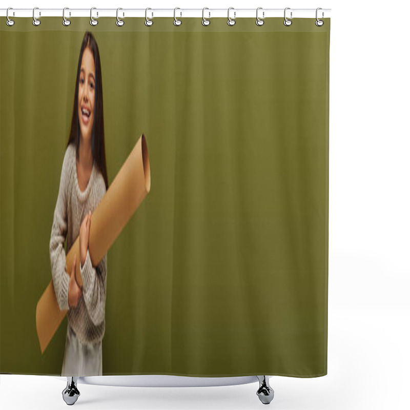 Personality  Joyful And Trendy Preteen Girl In Modern Knitted Sweater Holding Rolled Paper And Looking At Camera While Standing Isolated On Green, Stylish Girl In Cozy Fall Attire, Banner With Copy Space Shower Curtains