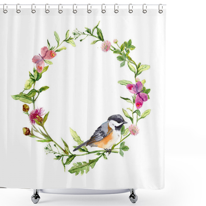 Personality  Retro Wreath Border Frame With Wild Herbs, Meadow Flowers, Bird And Butterflies. Vintage Watercolor Shower Curtains