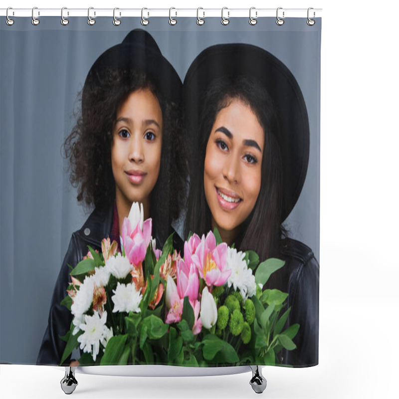 Personality  Close-up Portrait Of Mother And Daughter With Beautiful Bouquets Isolated On Grey Shower Curtains