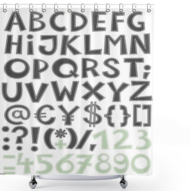 Personality  Gray And Blue Sewed Letters And Numbers On White Background Alphabet Set Shower Curtains