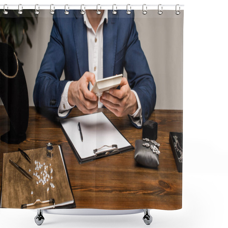 Personality  Cropped View Of Jewelry Appraiser Using Calculator Near Clipboard And Jewelry On Table Shower Curtains