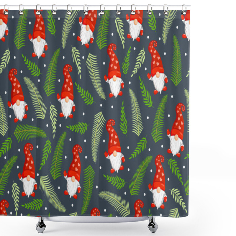 Personality  Christmas Texture With Gnomes And Fir Branches. Vector Illustration Of Merry Christmas And Happy New Year. Seamless Pattern. Winter Holiday. Scandinavian Nordic Gnome, Cute Santa Gnome Elf Shower Curtains