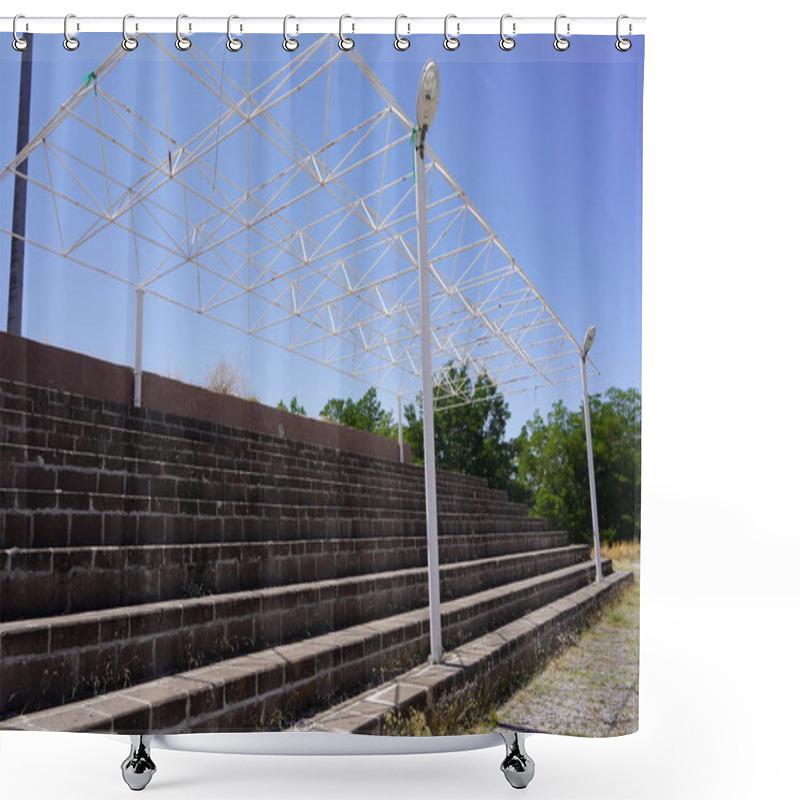 Personality  Modern Minimalism: A Steel Canopy Over Brick Stairs, Symbolizing Support And Progress Under An Open Sky Shower Curtains