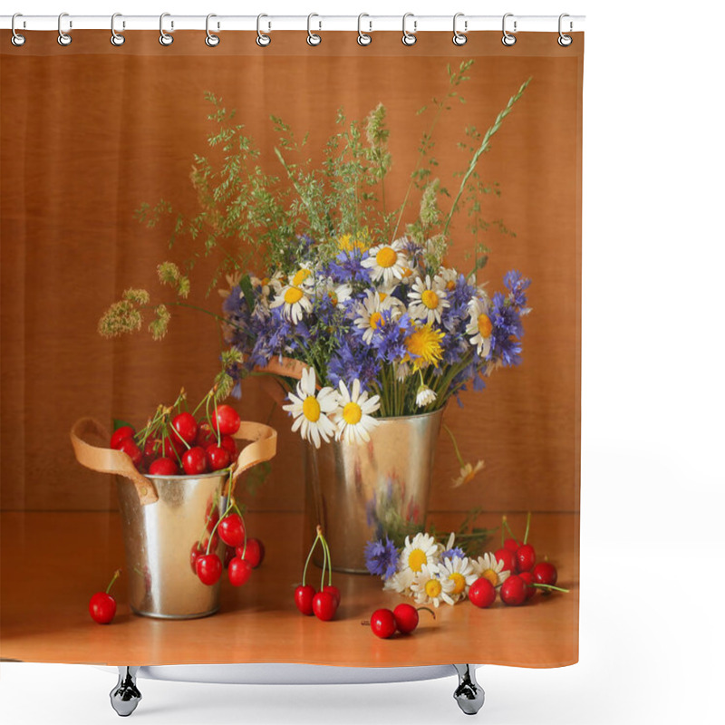 Personality  Beautiful Stillife With Cherries And Fresh Flowers Shower Curtains