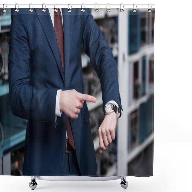 Personality  Cropped Shot Of Businessman Pointing At Wristwatch At Ethereum Mining Farm Shower Curtains