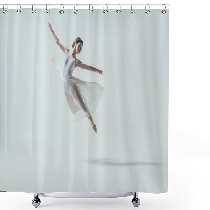 Personality  Elegant Ballet Dancer In White Dress Jumping In Studio, Isolated On White Shower Curtains