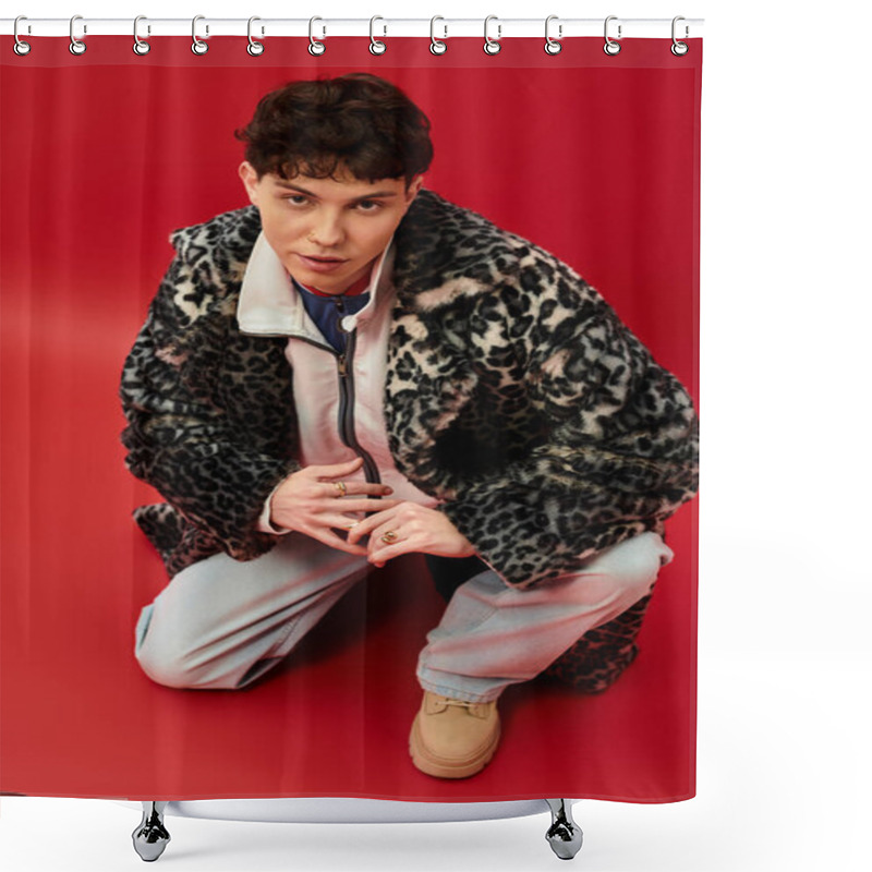 Personality  A Fashionable Man Kneels Gracefully In A Contemporary Setting, Showcasing Bold Style And Flair. Shower Curtains