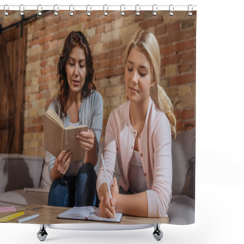 Personality  Mother Reading Book While Child Writing On Copy Book In Living Room Shower Curtains