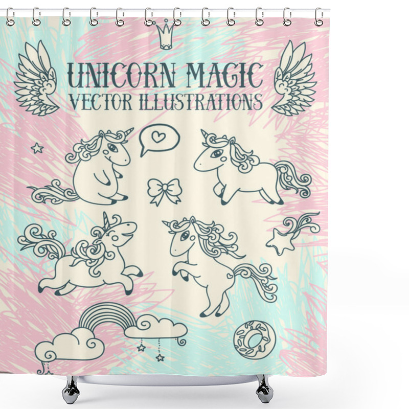 Personality  Magic Set Of Cute Doodle Unicorns Shower Curtains