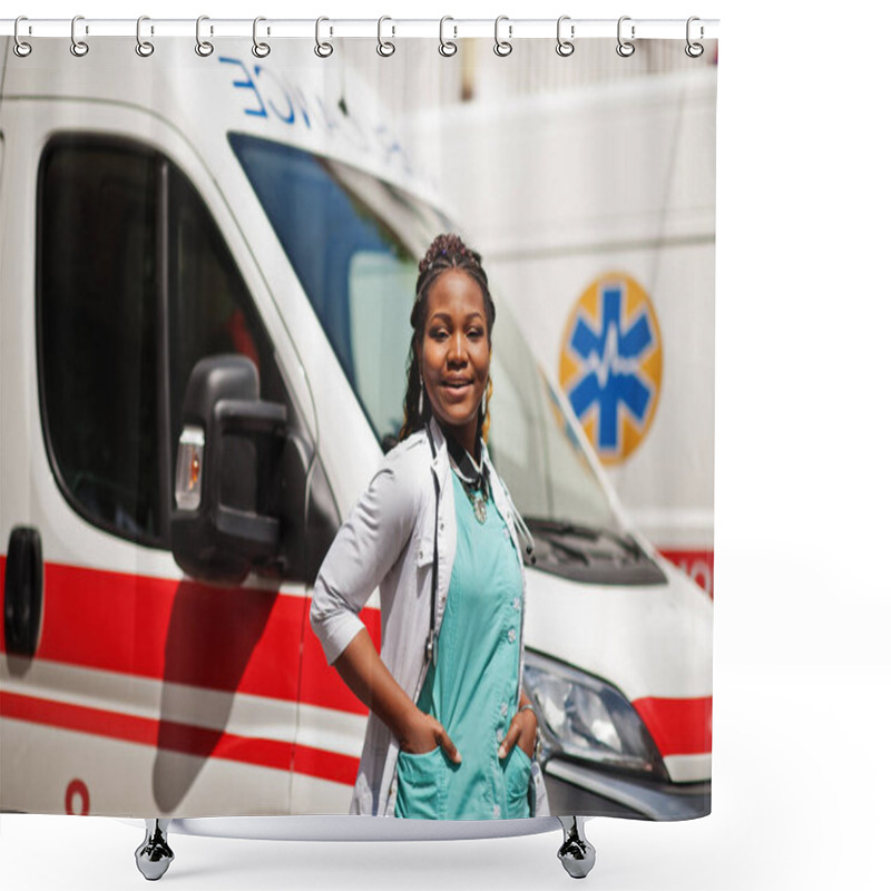 Personality  African American Female Paramedic Standing In Front Of Ambulance Car. Shower Curtains