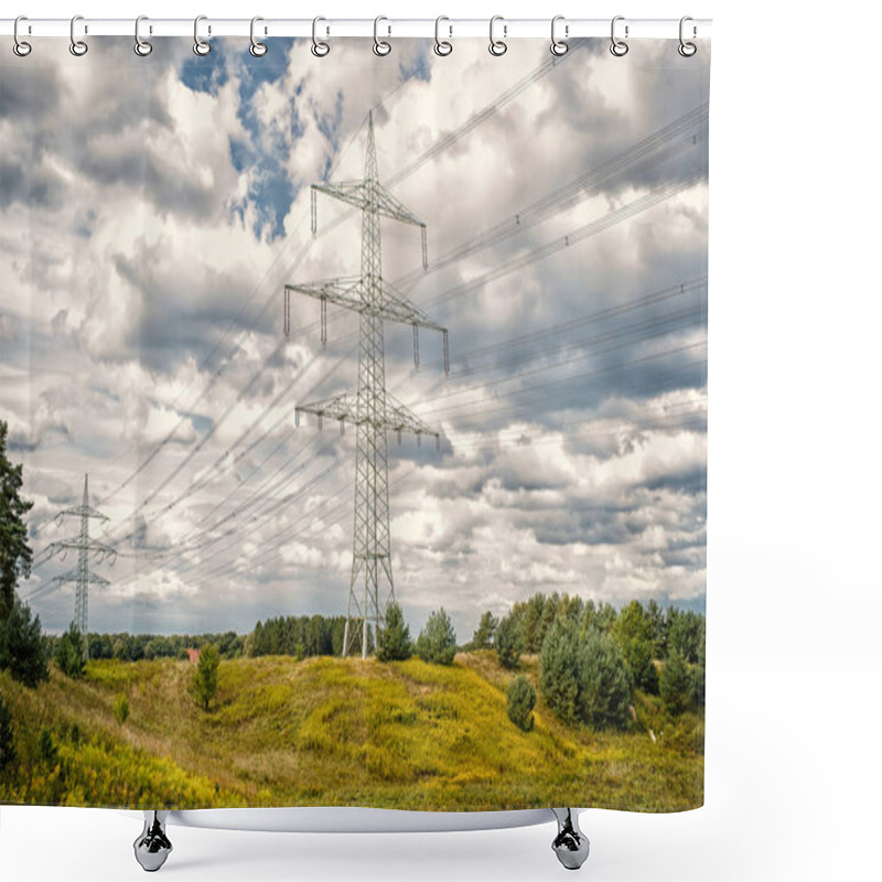 Personality  Power Towers On Natural Landscape. Transmission Towers On Cloudy Sky. Electricity Pylon Structure With Power Lines. High Voltage Post Outdoor. Energy And Ecology Shower Curtains