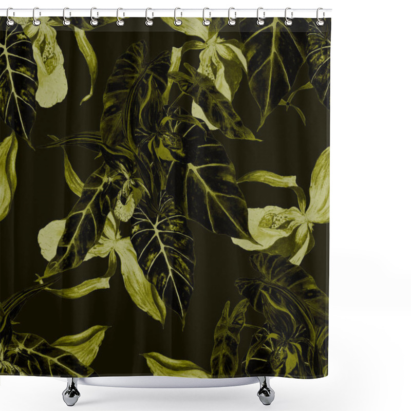 Personality  Watercolor Floral Seamless Patern With Tropical Orchid Flowers. Exotic Floral Print. Monochromel Spring Or Summer Nature Background. Hand Drawn. Shower Curtains