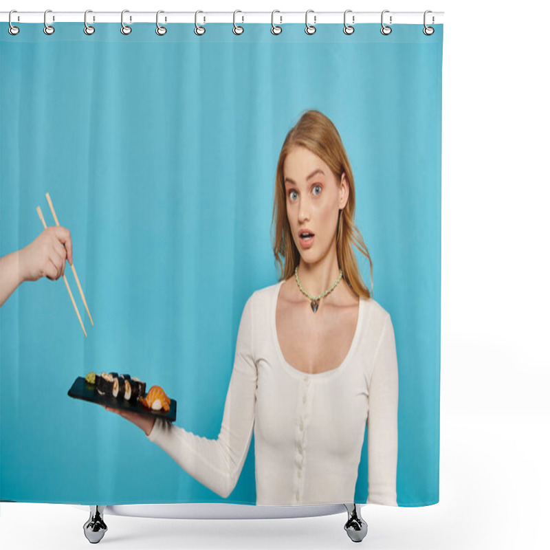 Personality  Blonde Woman Gracefully Holding A Plate Of Sushi And Chopsticks, Showcasing Culinary Delight And Cultural Appreciation. Shower Curtains