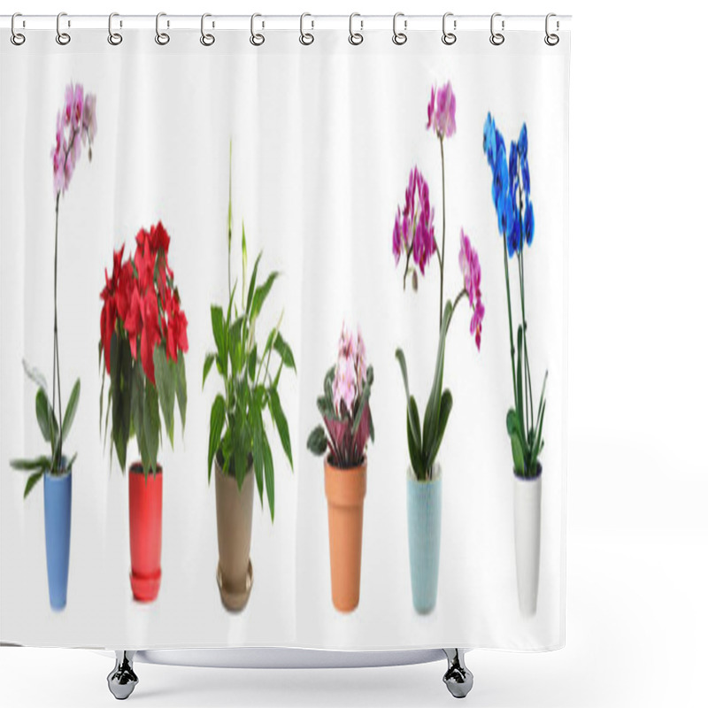 Personality  Set Of Different Houseplants In Flower Pots On White Background. Banner Design Shower Curtains