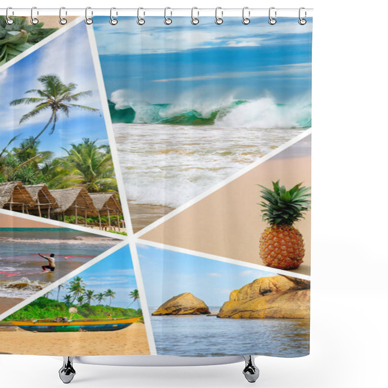 Personality  Photo Collage Of Tropical Landscapes Located In Mosaic. Concept - Vacation And Travel. Vertical Photo. Shower Curtains