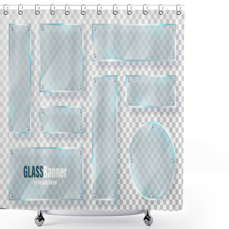 Personality  Glass Frames With Metal Holder Collection. Realistic Transparent Glass Banner With Glare. Mockup Design Element. Vector Illustration. Shower Curtains