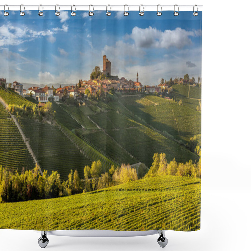 Personality  Serralunga D'Alba, Langhe, Piedmont, Italy - Village Landscape With Castle On Vineyard Hill - Typical Barolo Wine Area Shower Curtains