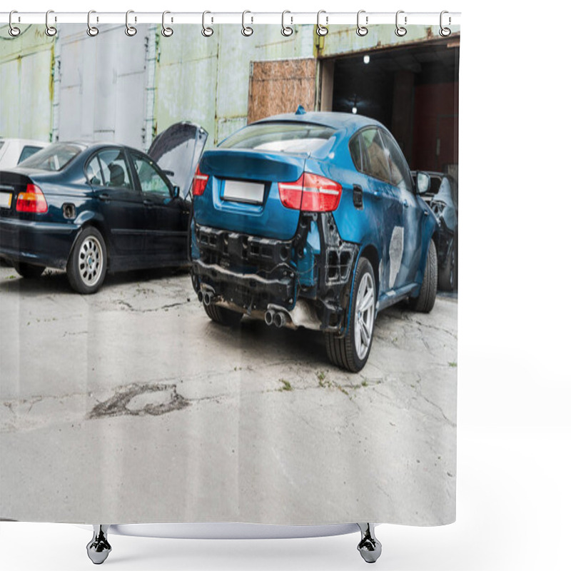 Personality  Damaged Blue Car After Car Accident Near Modern Automobile  Shower Curtains