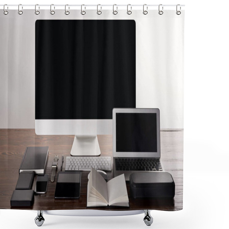 Personality  Monoblock Computer With Various Gadgets On Wooden Table Isolated On Grey Shower Curtains