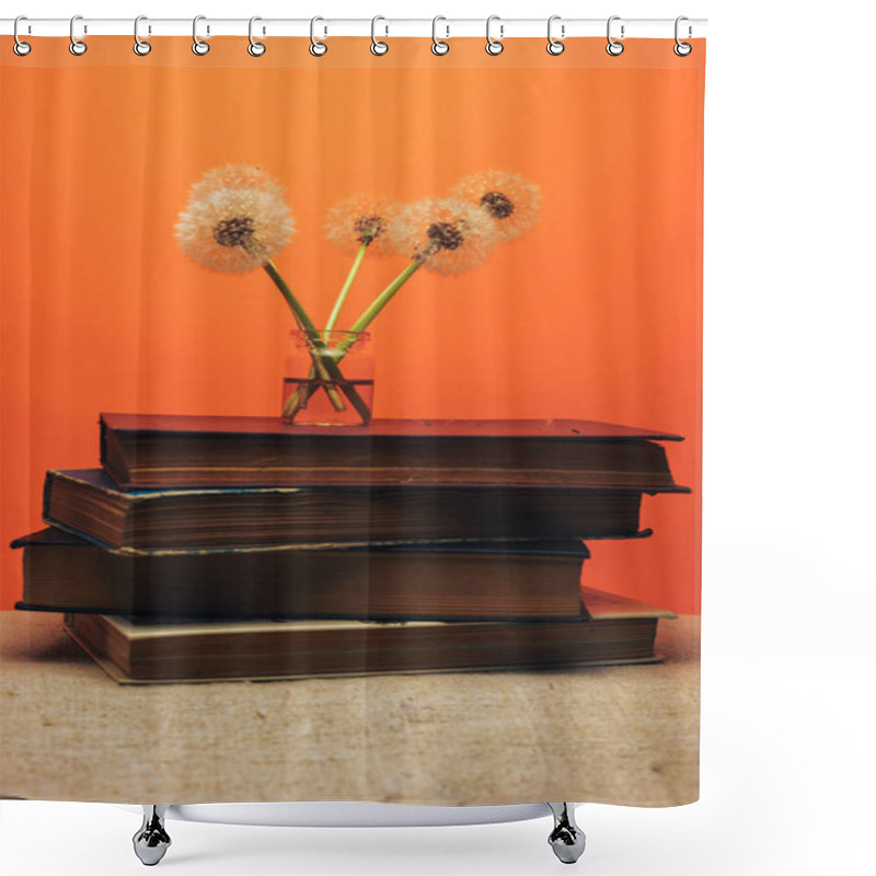 Personality  Beautiful Five Danelion In Glass Vase On A Old Books And Coral Orange Background. Shower Curtains