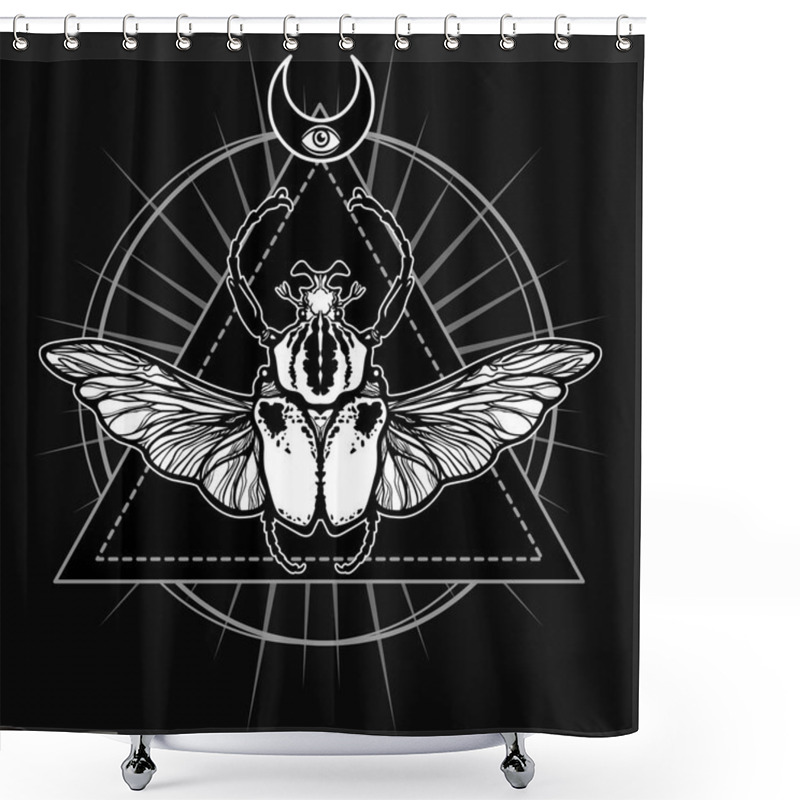 Personality  Winged Bug. Esoteric Symbol, Sacred Geometry. Sign Of The Moon. Monochrome Drawing Isolated On A Black Background. Vector Illustration. Print, Posters, T-shirt, Textiles. Shower Curtains