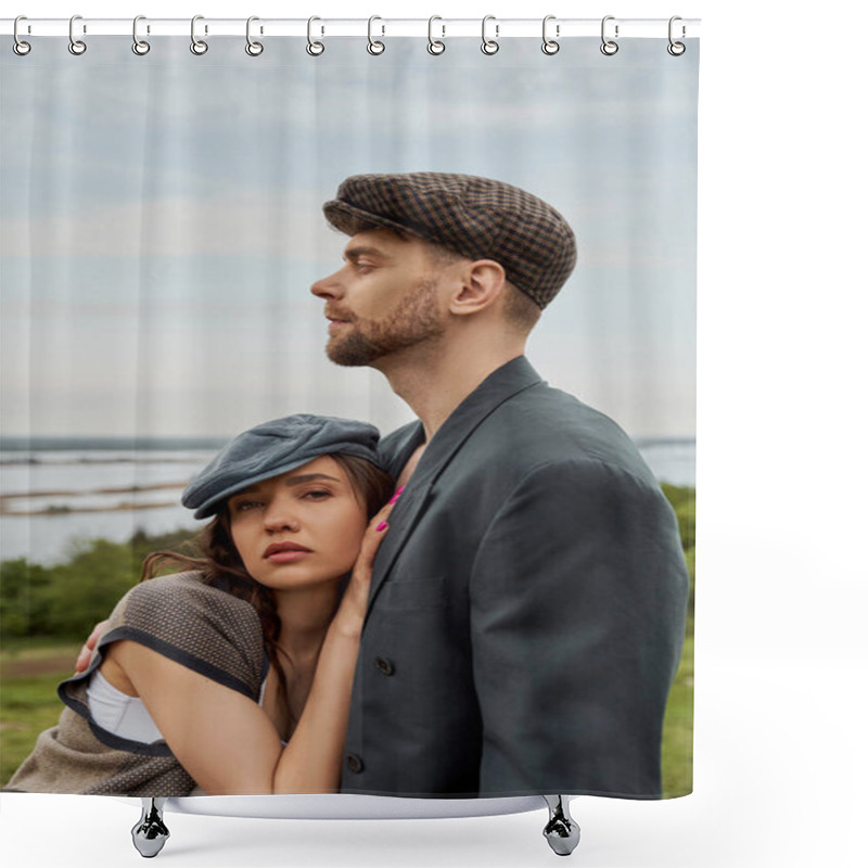 Personality  Trendy And Brunette Woman In Newsboy Cap And Vest Hugging Bearded Boyfriend In Jacket And Looking At Camera With Rural Landscape At Background, Fashionable Couple In Countryside Shower Curtains