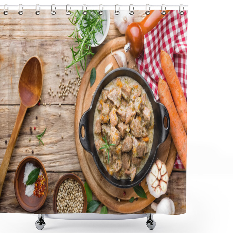 Personality  Stewed Meat In Sauce On A Rustic Table Shower Curtains