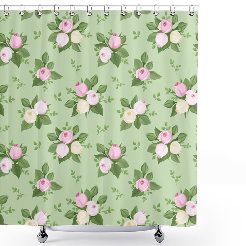 Personality  Vector Seamless Pattern With Rose Buds And Leaves On Green. Shower Curtains