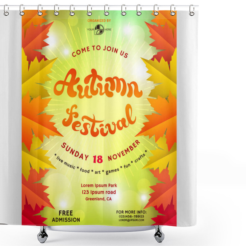 Personality  Autumn Festival Poster Design. Template For Invitation. Customized Text And Abstract Maple Leaves. Bright Colorful Background With Shadows, Bokeh Effect And Shines. Vector Illustration. Shower Curtains