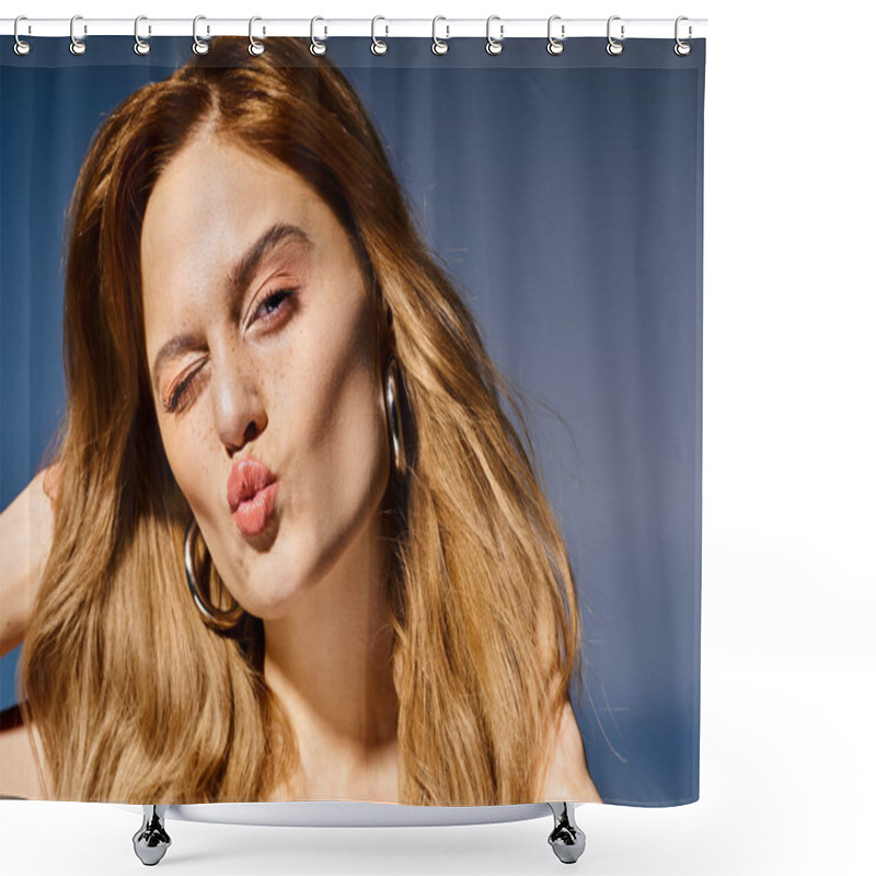 Personality  Pretty Young Attractive Woman Sending Blow Kisses And Winking To Camera On Blue Background Shower Curtains