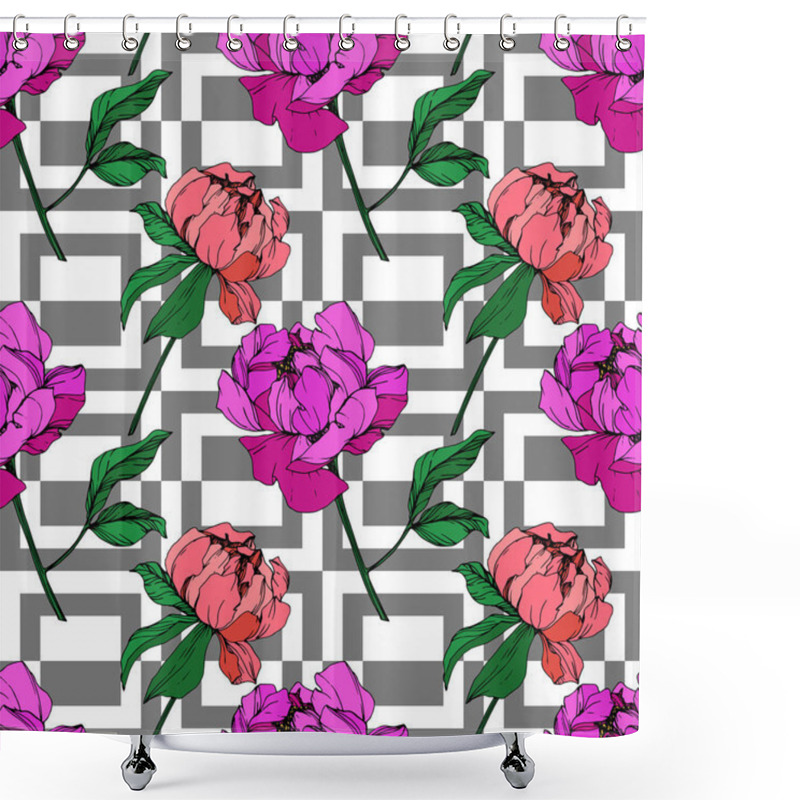 Personality  Vector Purple And Living Coral Peonies Illustration With Geometrical Ornament. Engraved Ink Art. Seamless Background Pattern. Fabric Wallpaper Print Texture. Shower Curtains