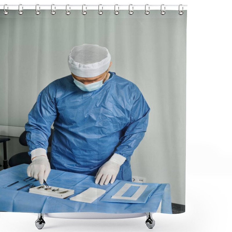 Personality  A Man In Surgical Gown Meticulously Preparing His Tools. Shower Curtains