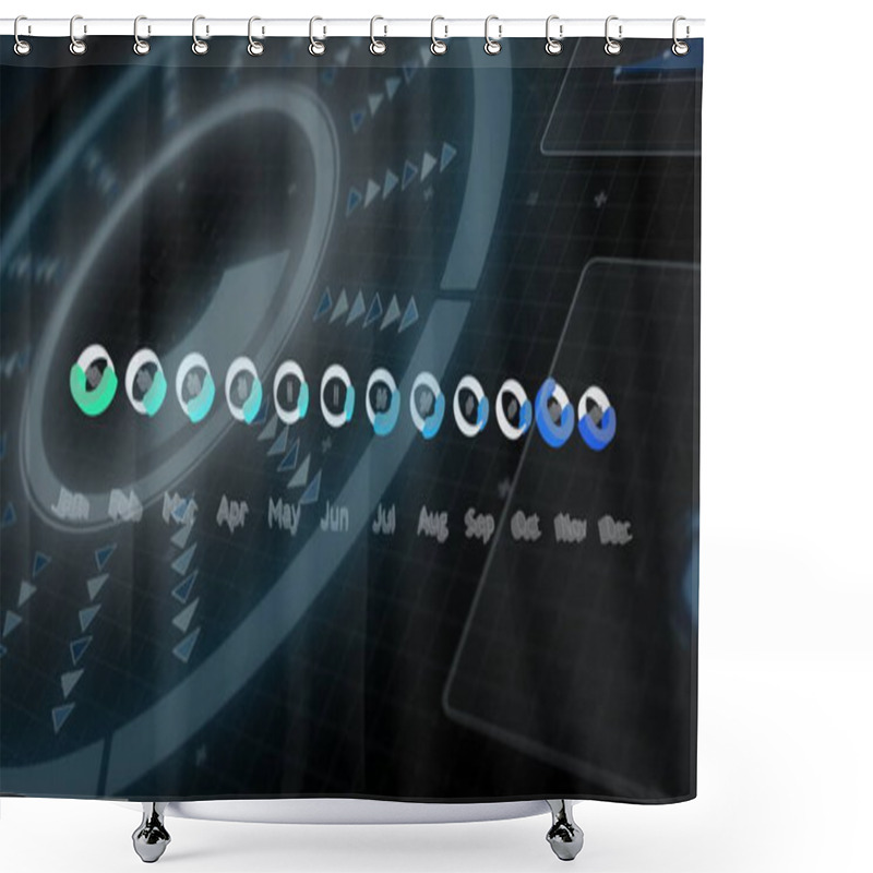 Personality  Image Of Monthly Data Over Circular Scanner Processing On Black Interface. Network, Data, Digital Interface, Processing And Communication, Digitally Generated Image. Shower Curtains