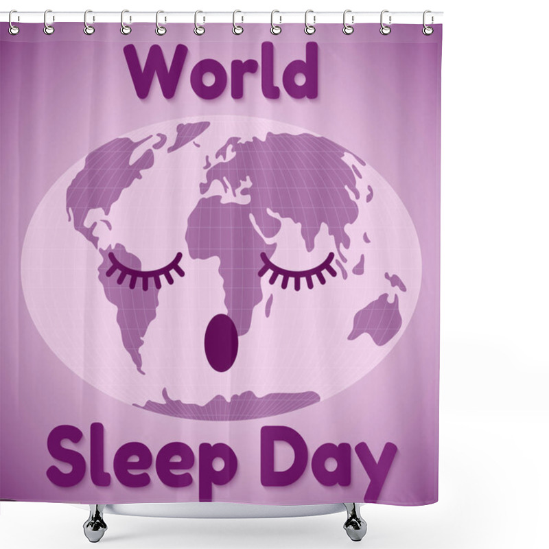 Personality  World Sleep Day Theme. A Sleeping Map Of The World And Resembling An Inscription. Greeting Card Or Banner In Purple. Vector Illustration Shower Curtains