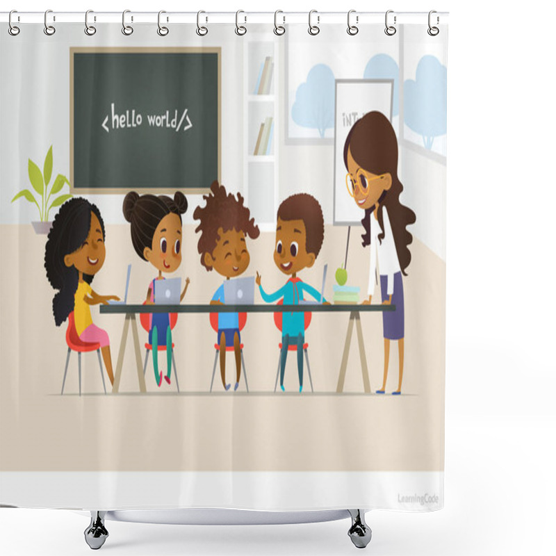 Personality  Group Of African American Kids Learn Coding, One Boy Answers Question, Smiling Female Teacher Listens To Him. Concept Of Informatics Lesson At School. Vector Illustration For Banner, Poster, Website. Shower Curtains