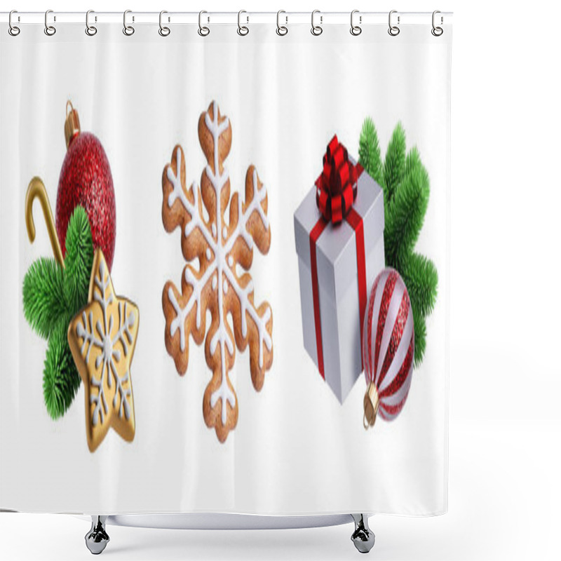 Personality  3d Render, Set Of Traditional Christmas Ornaments And Decorations. Winter Holiday Clip Art Isolated On White Background. Collection Of Festive Arrangements Shower Curtains