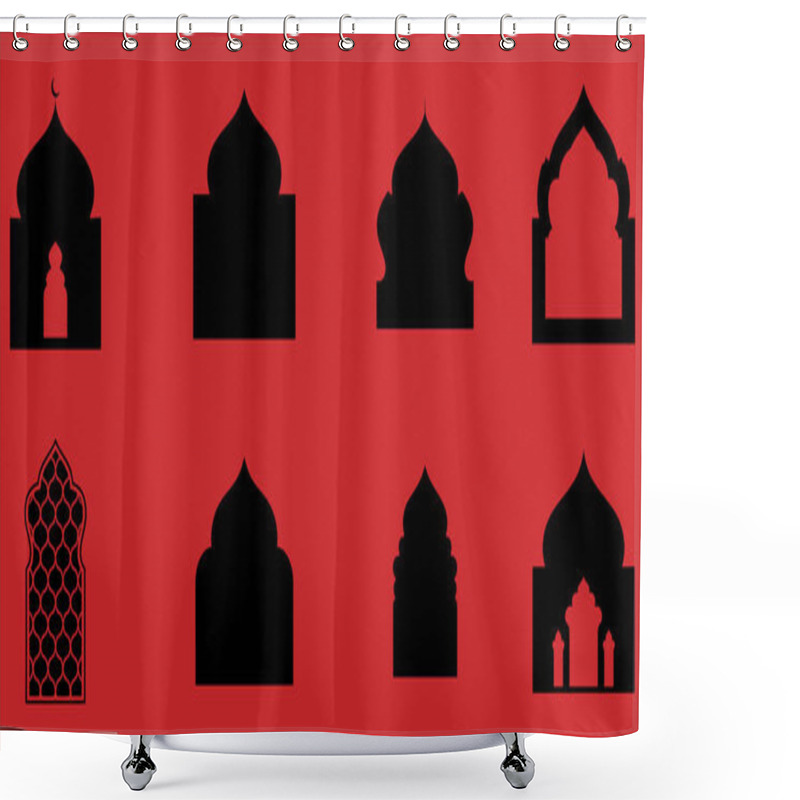 Personality  Collection Of Islamic Architectural Silhouettes On A Red Background Shower Curtains