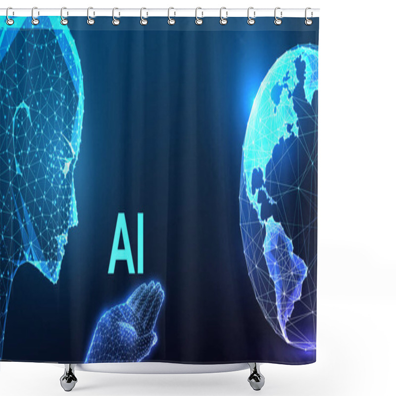 Personality  AI Concept Featuring Digital Human Head Interacting With Glowing Earth On Dark Blue Background. Artificial Intelligence, Global Connection, And Future Technology. Futuristic Style Vector Illustration. Shower Curtains