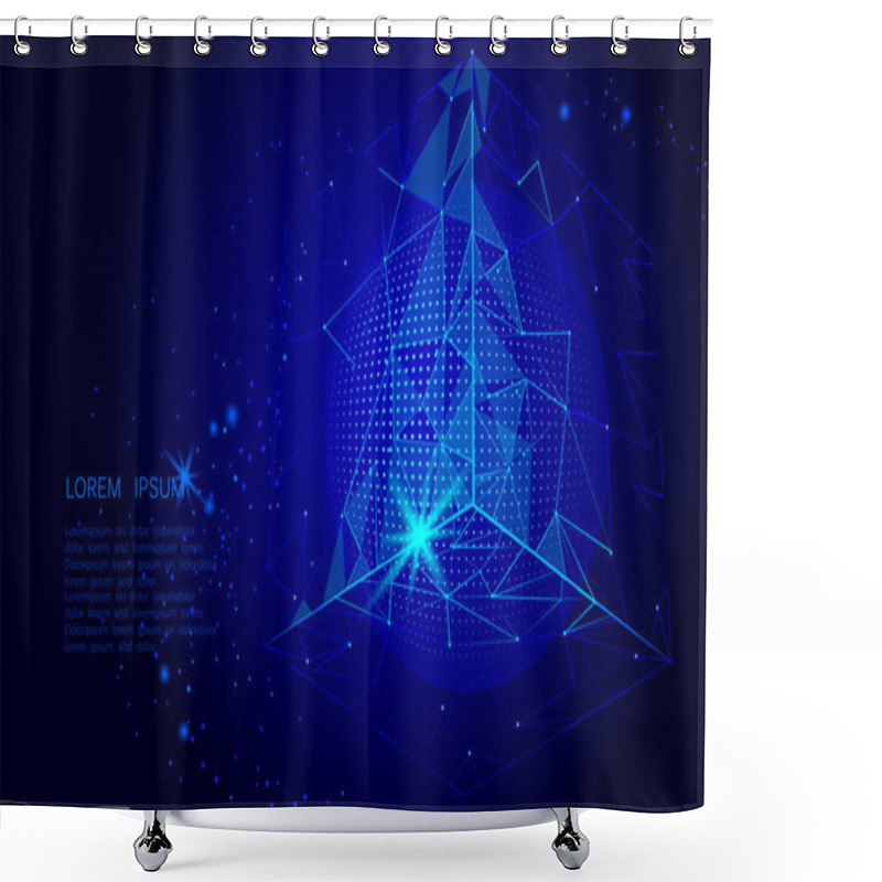 Personality  Abstract Space Polygonal Art. Triangle Cube And Globe. Dark Blue Night Sky Background Isometric Connected Dots Line Point Vector Illustration Shower Curtains