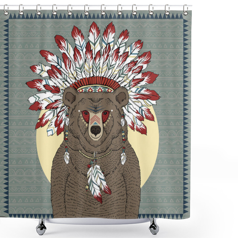 Personality  Hand Drawn Illustration Of Bear Warrior In War Bonnet, Native American Poster Shower Curtains