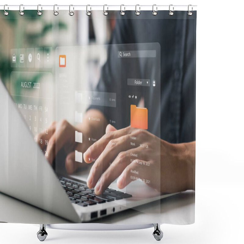 Personality  Document Management Concept. Virtual Screen Icons Document Management System (DMS) Online Document Database, Software For Efficient Archiving, Searching And Management Of Company Files And Data. Shower Curtains