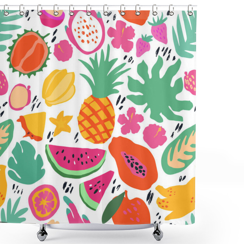 Personality  Minimal Summer Trendy Vector Tile Seamless Pattern In Scandinavian Style. Exotic Fruit Slice, Palm Leaf, Hibiscus And Dots. Textile Fabric Swimwear Graphic Design For Print Isolated On White. Shower Curtains