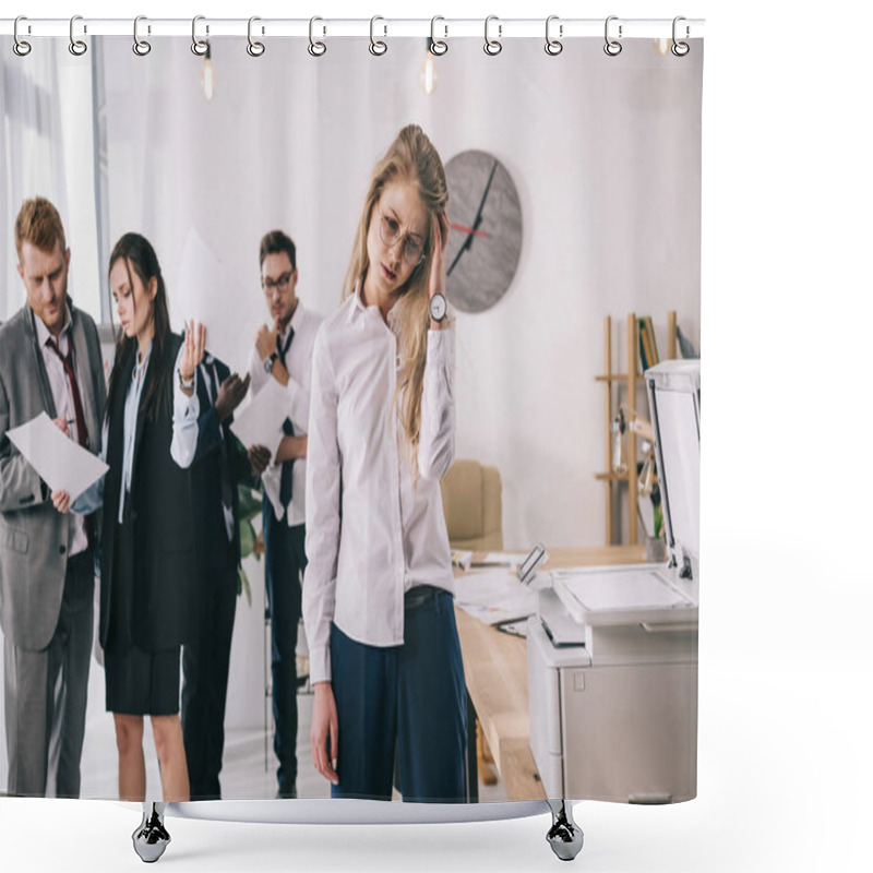 Personality  Young Manageress With Headache Waiting Near Copier At Office Shower Curtains