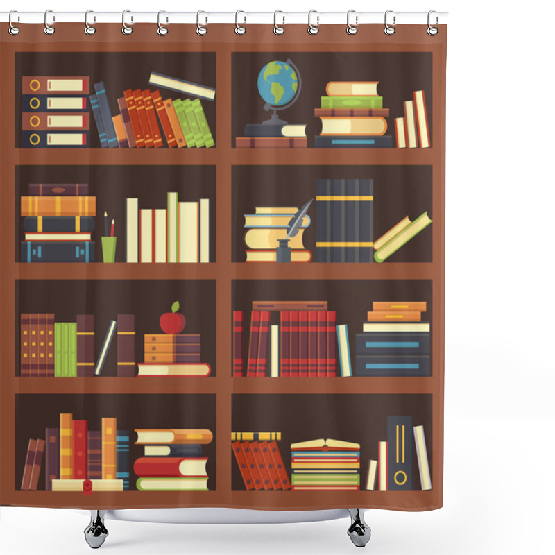 Personality  Books In Library Bookcase. Encyclopedia Book At Bookshelf. Pile Textbooks And Magazines At Bookshelves Vector Background Illustration Shower Curtains