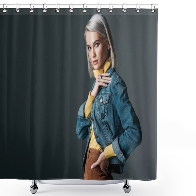 Personality  Attractive Girl In Yellow Turtleneck And Fashionable Jeans Jacket, Isolated On Grey Shower Curtains