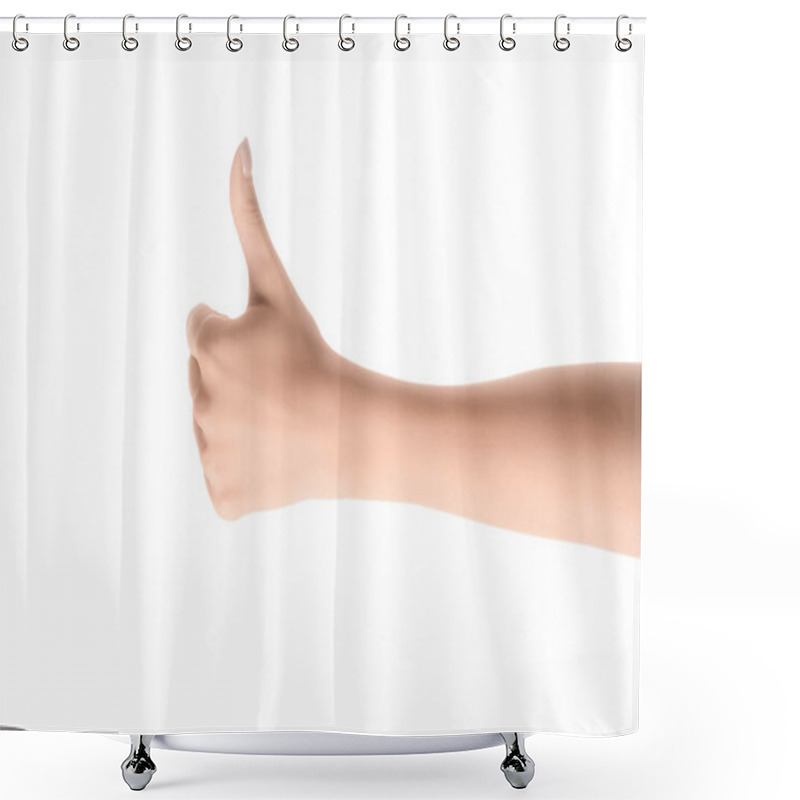 Personality  Cropped View Of Woman Showing Thumb Up Sign Isolated On White Shower Curtains