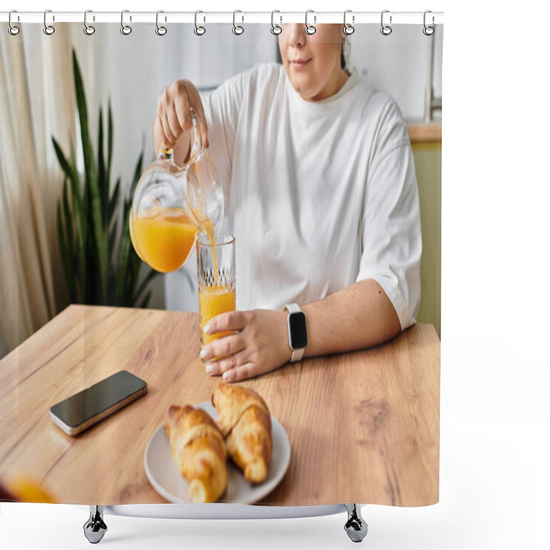 Personality  A Young Woman Enjoys A Delightful Breakfast, Pouring Orange Juice While Sitting At A Cozy Table. Shower Curtains